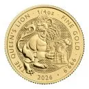Goldmünze 1/4 oz aus Großbritannien, Motiv ‚The Queen’s Lion‘ mit heraldischem Löwen. Glänzende 999,9-Goldoberfläche, moderne Prägung, rundes Münzformat.