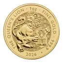 „Goldmünze 1 oz Großbritannien 2026 mit Motiv ‚The Queen’s Lion‘ aus der Royal Tudor Beasts Collection. Glänzende 999,9-Goldoberfläche, detailreiche heraldische Prägung, rundes Münzformat.“