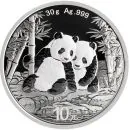 Silbermünze China Panda 2026, 30 g, mit Panda-Motiv auf der Vorderseite und dem Himmelstempel von Peking auf der Rückseite