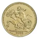 Goldmünze Großbritannien 2026 mit St.-George-und-Drache-Motiv auf der Vorderseite. Rückseite zeigt König Charles III. mit Latentbild und Halbton-Effekt im Randbereich. Mikrogravur am Münzrand der Vorderseite.