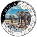 1-Unzen-Silbermünze Somalia 2026 mit farbigem Elefantenmotiv aus der African Wildlife Series. Hochdetailliertes Motiv, farbveredelte Gestaltung.“