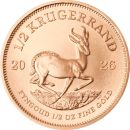 1/2 Unze Goldmünze Südafrika 2026 Krügerrand, Vorderseite mit Porträt von Paul Kruger, Rückseite mit springendem Nashorn, geprägt von der South African Mint, beliebte Investment-Goldmünze
