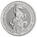 1 Unze Platinmünze Großbritannien 2021 Queen’s Beasts White Horse of Hannover aus 999,5er Platin mit Wappentiermotiv und Porträt von Königin Elizabeth II auf der Wertseite.