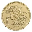 Goldmünze Großbritannien 2026 mit St.-George-und-Drache-Motiv auf der Vorderseite. Rückseite zeigt König Charles III. mit Latentbild und Halbton-Effekt im Randbereich. Mikrogravur am Münzrand der Vorderseite.