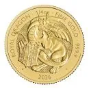 Goldmünze 1/4 oz aus Großbritannien, Motiv ‚The Queen’s Lion‘ mit heraldischem Löwen. Glänzende 999,9-Goldoberfläche, moderne Prägung, rundes Münzformat.