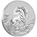1 Unze Silbermünze Australien 2026 „Brumby“ der Perth Mint. Das Motiv zeigt ein australisches Wildpferd auf einer Felsformation vor einem Vollmond und einer felsigen Landschaft. 7. Ausgabe der Brumby-Serie.