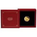 1/10 Unze Goldmünze Australien 2027 „Jahr der Ziege“ der Perth Mint aus der Lunar Serie III in Polierter Platte. Das Motiv zeigt eine Ziege auf einer felsigen Berglandschaft mit einem einzelnen Baum im Hintergrund.