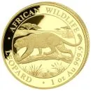 1 Unze Goldmünze Somalia 2026 aus der Serie African Wildlife mit dem Motiv eines Leoparden in einer afrikanischen Landschaft. Auf der Motivseite sind der Leopard und die Bezeichnung African Wildlife Leopard zu sehen. Die Gegenseite zeigt das Staatswappen