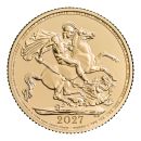 Goldmünze Großbritannien 2026 mit St.-George-und-Drache-Motiv auf der Vorderseite. Rückseite zeigt König Charles III. mit Latentbild und Halbton-Effekt im Randbereich. Mikrogravur am Münzrand der Vorderseite.