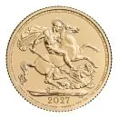 Goldmünze Großbritannien 2026 mit St.-George-und-Drache-Motiv auf der Vorderseite. Rückseite zeigt König Charles III. mit Latentbild und Halbton-Effekt im Randbereich. Mikrogravur am Münzrand der Vorderseite.