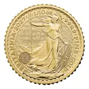 Britannische 1/10 Unze Gold Britannia des Jahres 2027. Die Motivseite zeigt Britannia mit Helm, Schild, Olivenzweig und Dreizack. Die Jubiläumsausgabe trägt das „40“ Wave Privy Mark und eine strukturierte Hintergrundgestaltung.