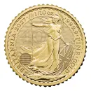 Britannische 1/10 Unze Gold Britannia des Jahres 2027. Die Motivseite zeigt Britannia mit Helm, Schild, Olivenzweig und Dreizack. Die Jubiläumsausgabe trägt das „40“ Wave Privy Mark und eine strukturierte Hintergrundgestaltung.