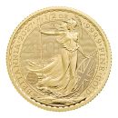 Britannische 1/2 Unze Gold Britannia des Jahres 2027. Die Motivseite zeigt Britannia mit Helm, Schild, Olivenzweig und Dreizack. Die Münze trägt das besondere „40“ Wave Privy Mark der Jubiläumsausgabe.