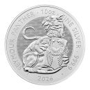 Britische 10 Unzen Silbermünze aus dem Jahr 2026 aus der Royal Tudor Beasts Bullion Collection. Die Motivseite zeigt den Seymour Panther mit einem Schild mit den Seymour Flügeln. Die Münze besteht aus 999,9/1000 Feinsilber.