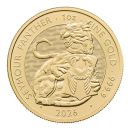 Britische 1 Unze Goldmünze aus dem Jahr 2026 aus der Royal Tudor Beasts Bullion Collection. Die Motivseite zeigt den Seymour Panther mit einem Schild mit den Seymour Flügeln. Die Münze besteht aus 999,9/1000 Feingold.